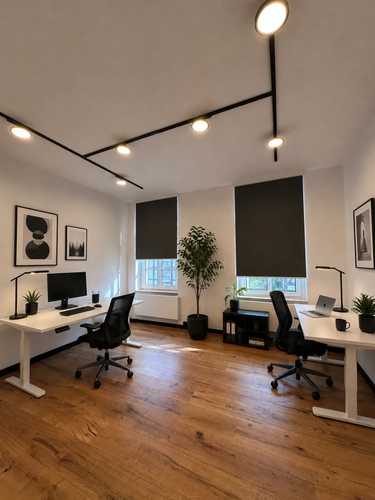 Büro 1 in der Jakobistraße 18: möbliert mit höhenverstellbarem Schreibtisch, Bürostuhl und Eichendielen.
