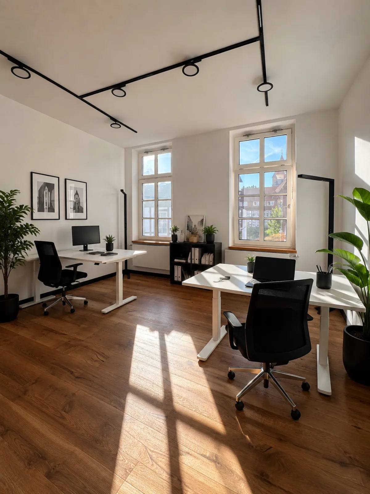 Büro 2 in der Jakobistraße 18: möbliert mit höhenverstellbarem Schreibtisch, Bürostuhl und Eichendielen.