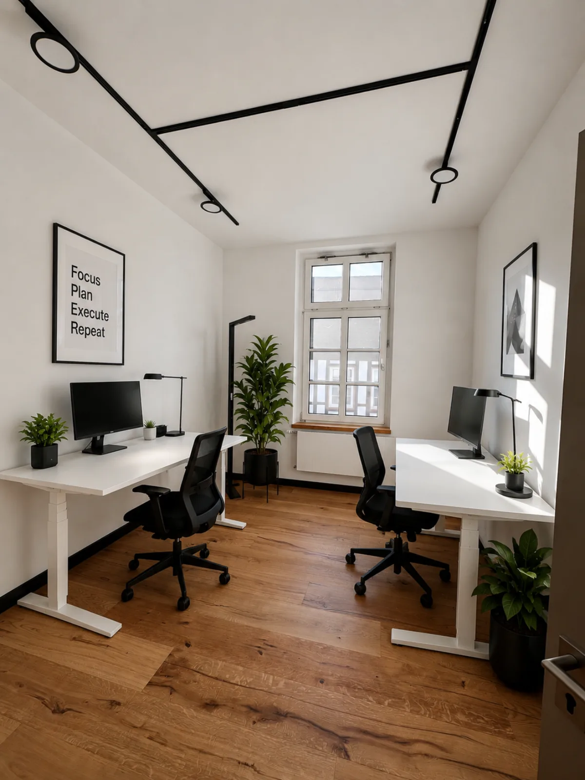 Büro 3 in der Jakobistraße 18: möbliert mit höhenverstellbarem Schreibtisch, Bürostuhl und Eichendielen.