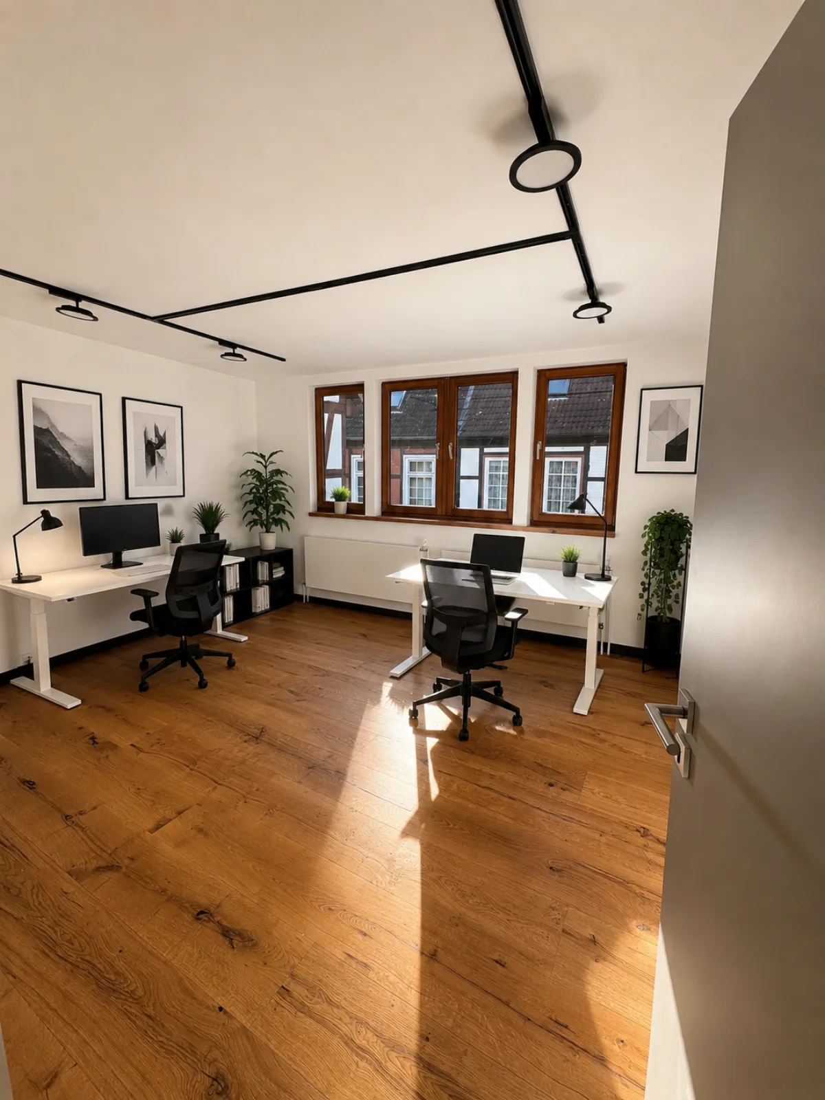 Büro 4 in der Jakobistraße 18: möbliert mit höhenverstellbarem Schreibtisch, Bürostuhl und Eichendielen.