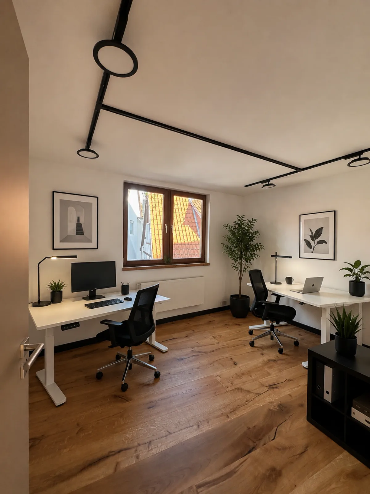 Büro 5 in der Jakobistraße 18: möbliert mit höhenverstellbarem Schreibtisch, Bürostuhl und Eichendielen.