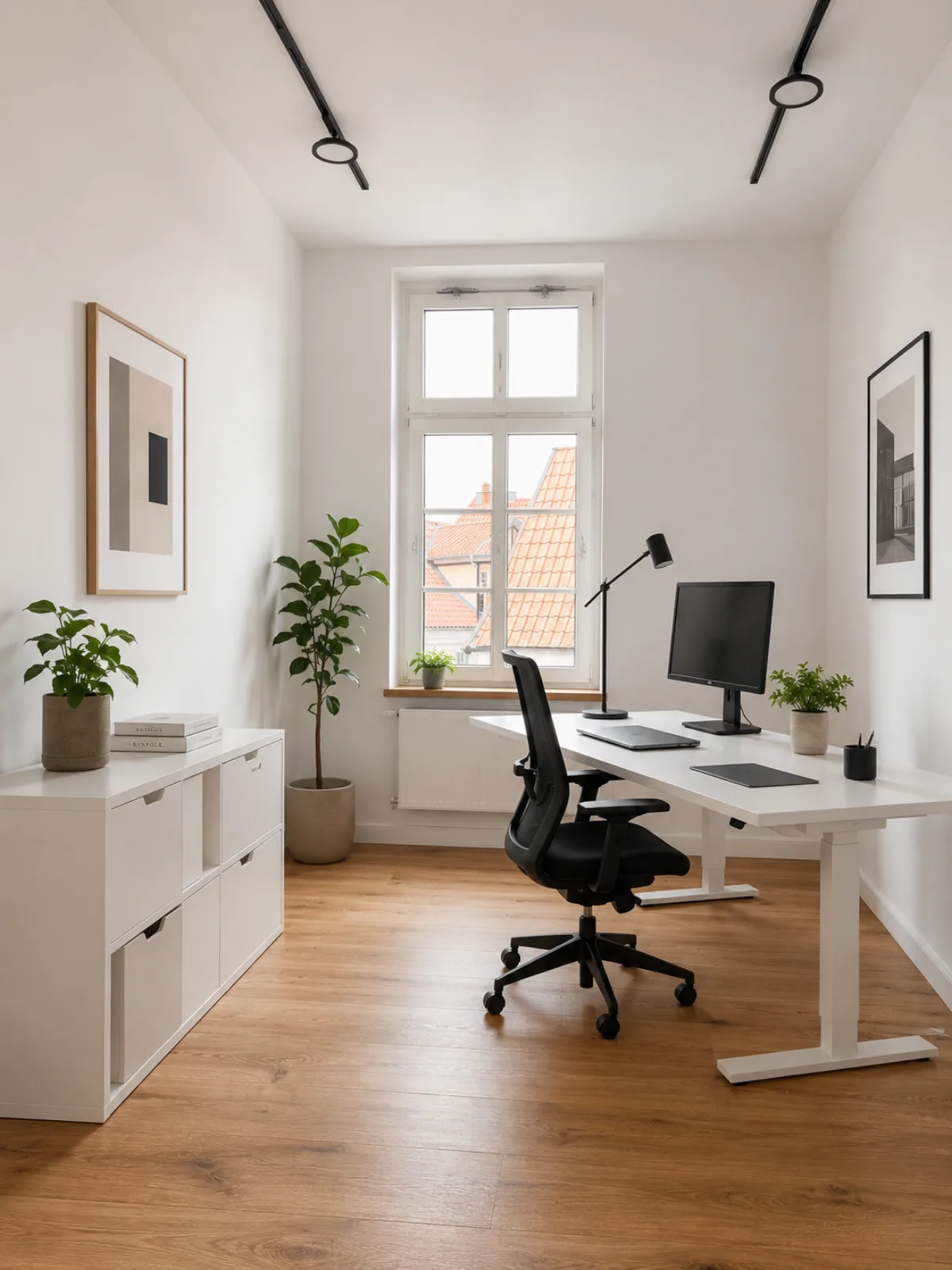 Büro 6 in der Jakobistraße 18: möbliert mit höhenverstellbarem Schreibtisch, Bürostuhl und Eichendielen.