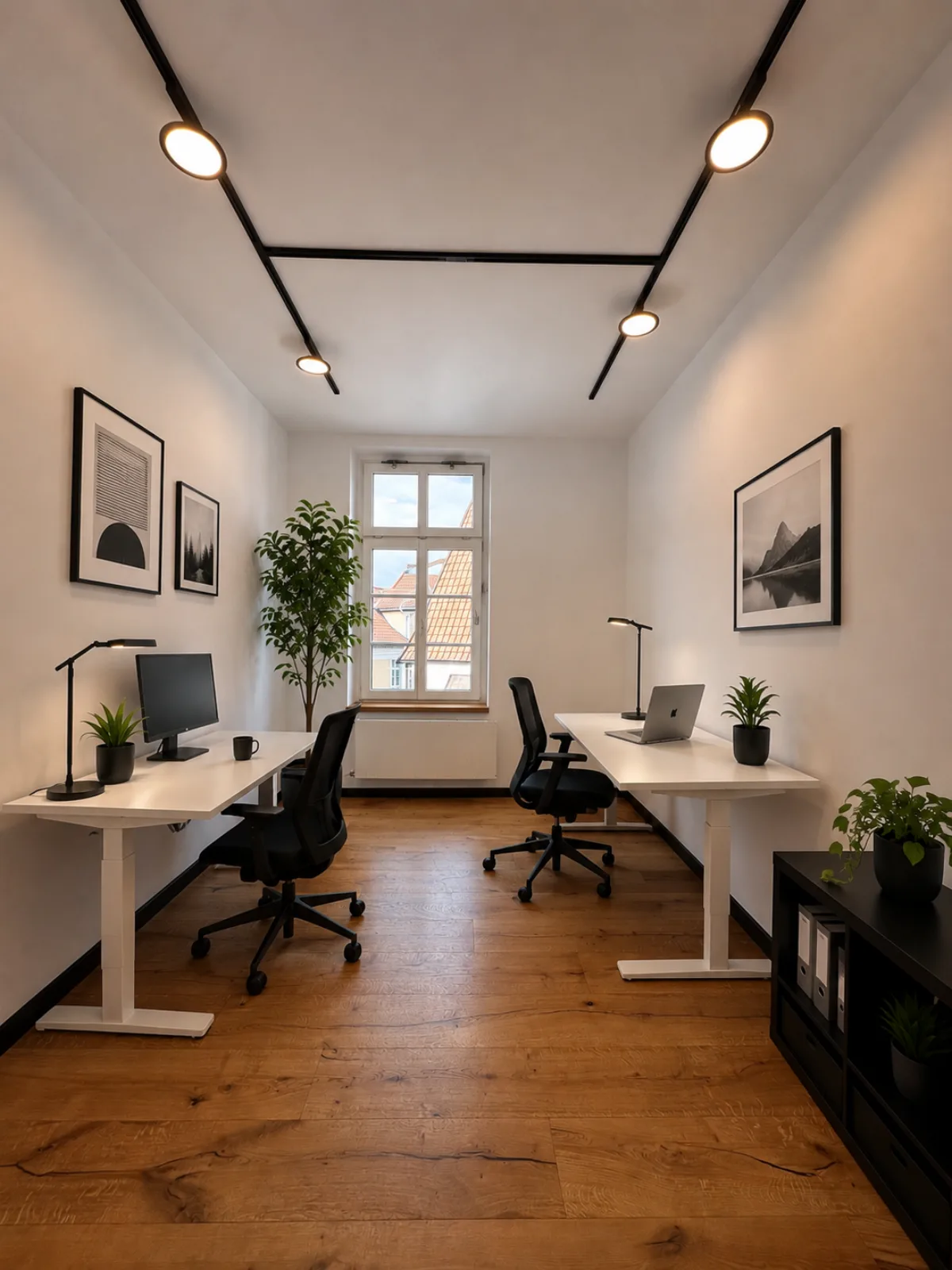 Büro 7 in der Jakobistraße 18: möbliert mit höhenverstellbarem Schreibtisch, Bürostuhl und Eichendielen.