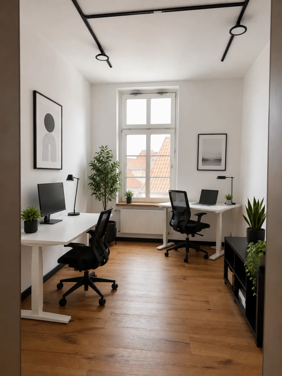 Büro 8 in der Jakobistraße 18: möbliert mit höhenverstellbarem Schreibtisch, Bürostuhl und Eichendielen.